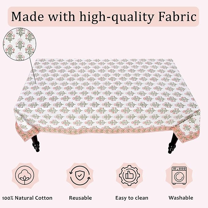 Ridhi Hand Block Print Mughal Buta Peach Rectangle Cotton Tablecloth 102" x 48" Reusable Table Cover Decorative Everyday Use for Dining, Farmhouse, Home Gift for Spring, Easter, Valentine