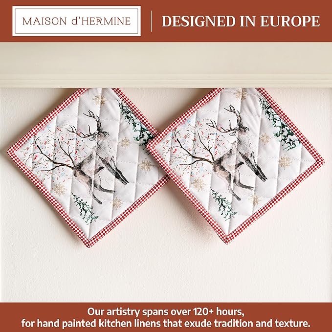 Maison d' Hermine Pot Holders Set 100% Cotton Heat Resistant Potholders 8" x 8" Hot Pads with Loop for Thanksgiving Christmas Decorations BBQ Baking Handling Hot Pans (Pack of 2, Rural Christmas)