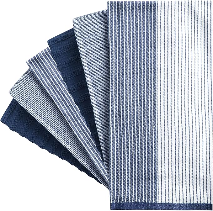 Premium Kitchen Towels (20”x 28”, 6 Pack) | Large Cotton Dish Towels | Flat & Terry Highly Absorbent Kitchen Linen Set with Hanging Loop | Navy Blue