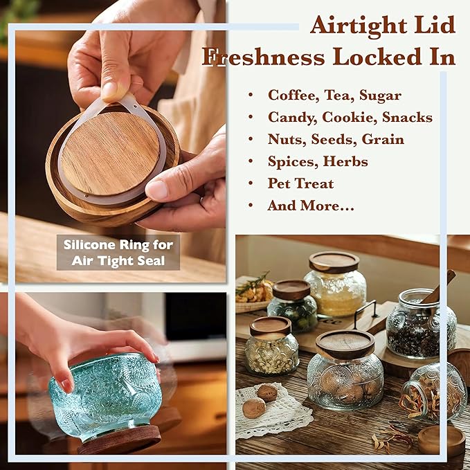 Decorative Glass Jar with Airtight Wooden Lid 40 oz, Ribbed Wide Mouth Vintage Kitchen Food Storage Container for Cookie Candy Honey Flour Spice Coffee Tea, Home Decor Sand Candle Holder Vase