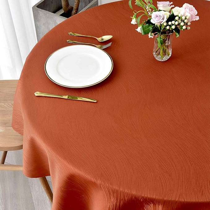 maxmill Jacquard Round Table Cloth Swirl Design Waterproof Antiwrinkle Heavy Weight Soft Tablecloths for Fall Harvest Thanksgiving Dinner Circular Table Cover Dinning Tabletop, Round 70 Inch Rust