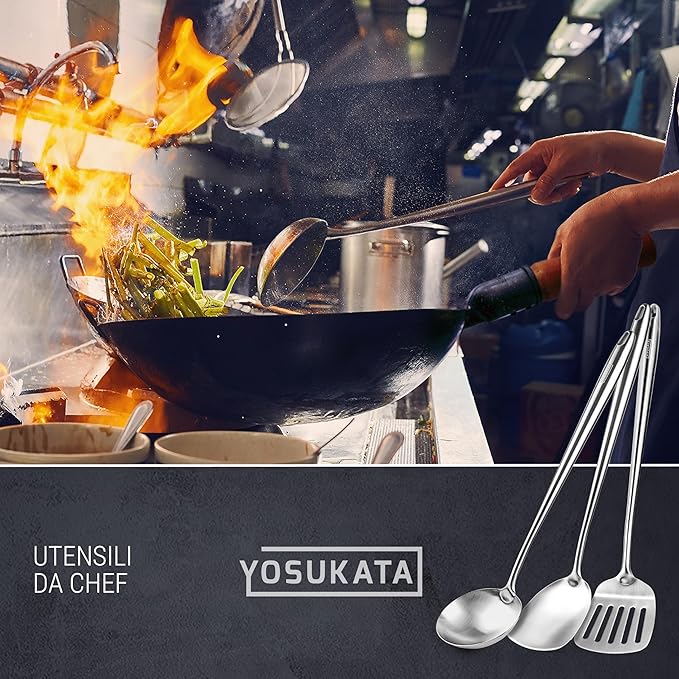 YOSUKATA Carbon Steel 11.8" Stir Fry Wok Pan - Pre-Seasoned Chinese Wok with Flat Bottom, Black Wok for Induction Gas Stovetops + 17" Wok Spatula and Ladle and Turner Spatula - Stainless Stee