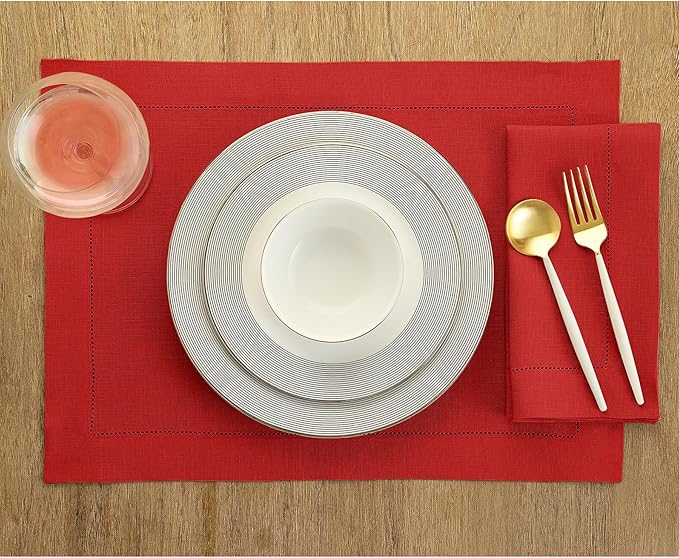Solino Home Red Linen Napkins Set of 4-100% Pure Linen Hemstitch Dinner Napkins 20 x 20 Inch for Valentines, Winter - Classic Hemstitch