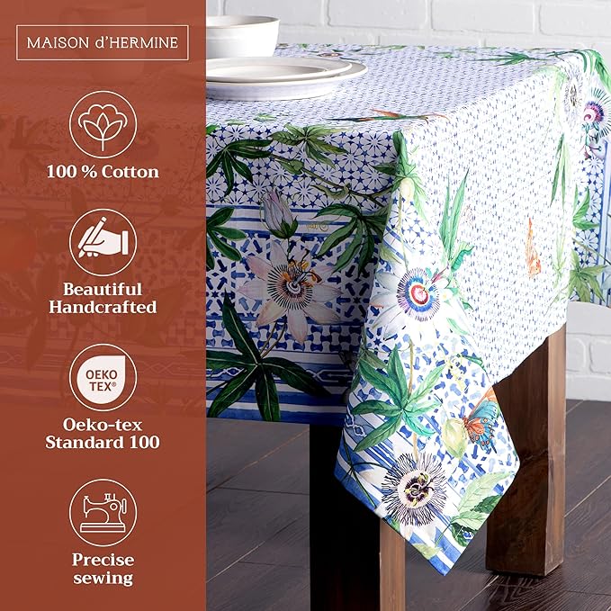 Maison d' Hermine Table Cloth Rectangle Table 100% Cotton 70 x 108 Inches Tablecloth Reusable Decorative for Dining Room Farmhouse Home Valentines Day Decorations Spring Summer - Passiflora