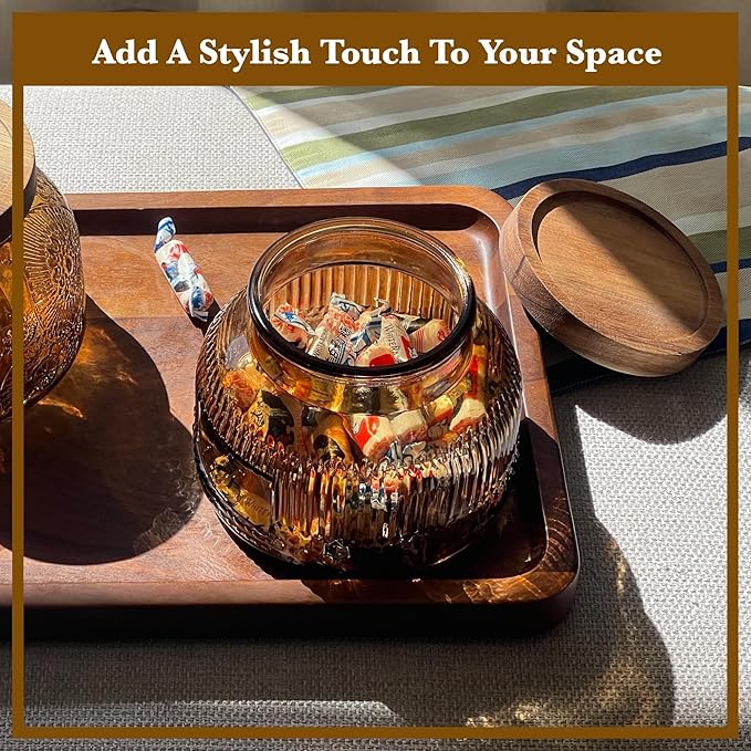 Decorative Amber Glass Jar with Airtight Wooden Lid 25.4 oz, Wide Mouth Vintage Kitchen Food Storage Container for Cookie Candy Honey Flour Spice Coffee Tea, Home Decor Sand Candle Holder Vase