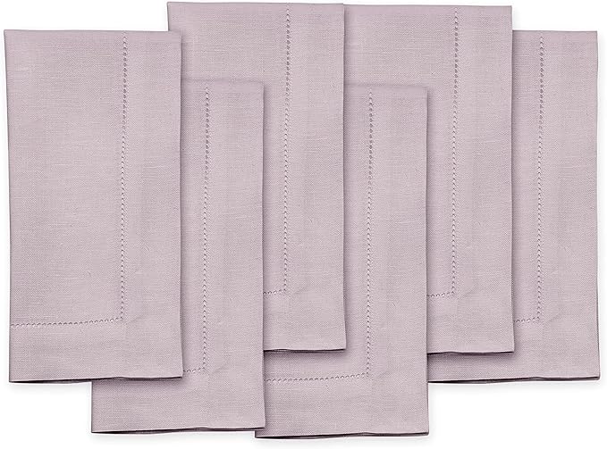 Solino Home Linen Napkins Set of 6 - Classic Hemstitch 100% Pure Linen Lilac Dinner Napkins Cloth 20 x 20 Inch for Valentines, Spring, Easter - Handcrafted and Machine Washable