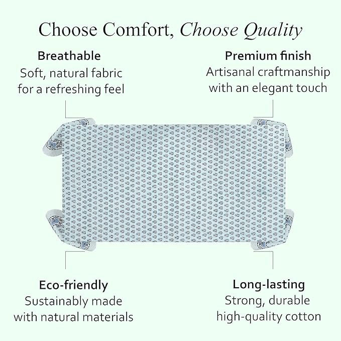 CPC Tablecloth 100% Cotton 72x140 Inch Indian Block Print Rectangle Table Cover, Washable Table Cloth for Weddings, Spring/Summer, Barbeque - Poppy Blue