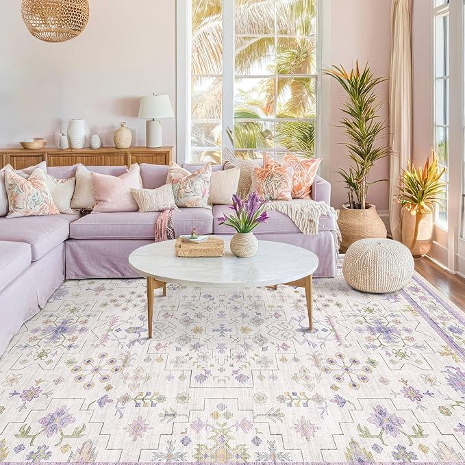 6x9 Lavender Rug for Bedroom, Kids Playroom, Non Slip Large Washable Living Room Area Rug, Low Pile Stain Resistant Foldable Boho Fairy Décor