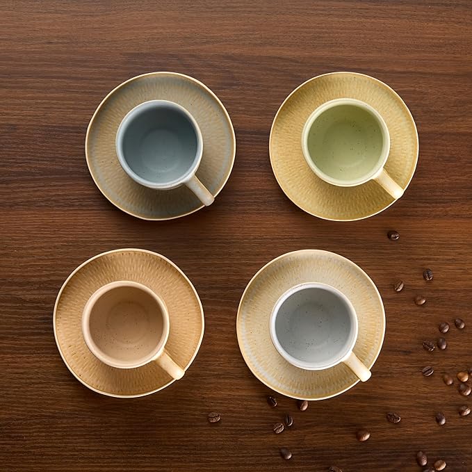KooK Espresso Mug and Saucer Set, Ceramic Cups and Plates with Rustic Organic Shape and Feathered Texture, Dishwasher and Microwave Safe, Set of 4, Neutral Multicolor (5.5 Oz)
