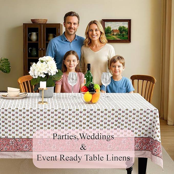 CPC Rosette Bloom Tablecloth 100% Cotton 70x108 Inch Indian Block Print Rectangle Table Cover, Table Cloth for Gifting in Weddings, Halloween, Fall, Christmas, Thanksgiving