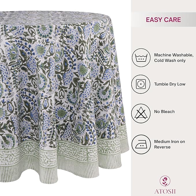 ATOSII Clover Blue 100% Cotton Round Boho Fall Tablecloth, Handblock Floral Table Cloth Linen for Kitchen Dining I Parties Outdoors Christmas Thanksgiving Fall Home Decor 72" Inches Round I 4-6 Seater