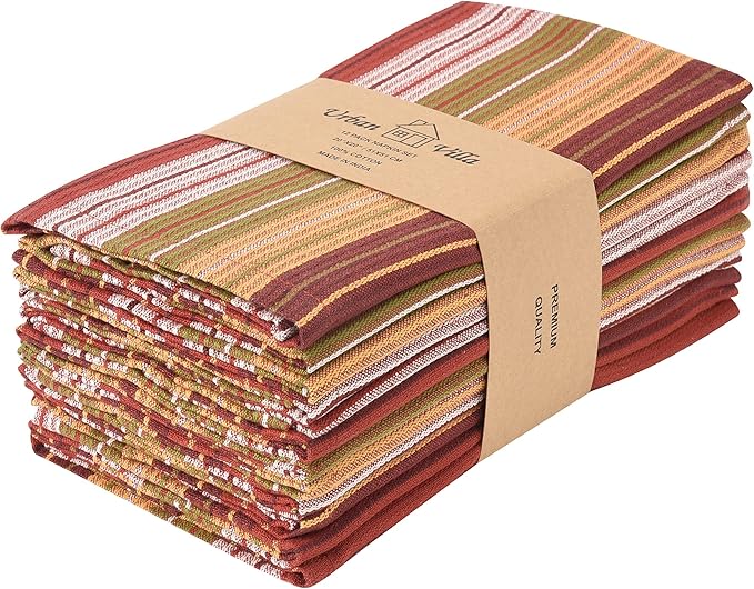 Urban Villa Cloth Napkins Set of 12 (20x20) 100% Cotton Dinner Napkins Cloth Washable Durable Reusable Absorbent Napkins Ideal for Farmhouse Party Hotel Lunch Restaurant Dinner Napkins - Fall Stripes