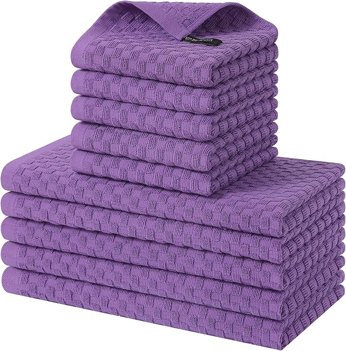 Homaxy 100% Cotton Kitchen Towels and Dishcloths Set, 12 x 12 & 15 x 25 Inches, Set of 10 Bulk Terry Cloth Dish Towels, Super Soft and Absorbent Hand Towel with Hanging Loop, Purple