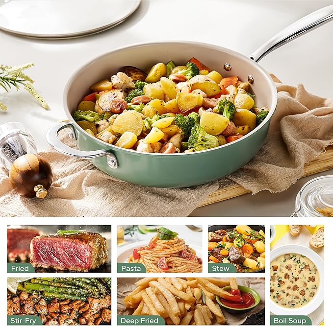 Redchef Ceramic Saute Pan with Lid, Nonstick Deep Frying Pan, 5QT Jumbo Cooker with Helper Handle & Lid, Non Toxic Ceramic Cooking Pan, Chef Pan, Dishwasher & Oven Safe, PFAS PFOA & PTFE Free（Green）