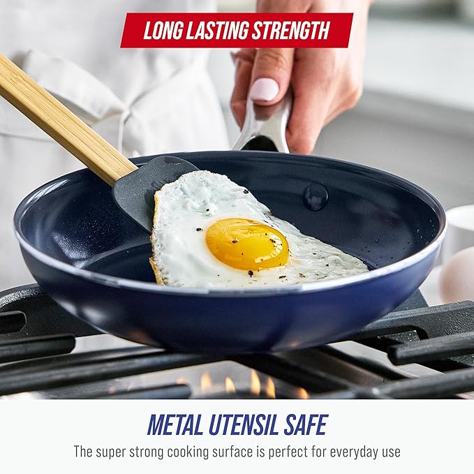 Blue Diamond 8" Nonstick Frying Pan Skillet, Diamond Infused PFAS-Free Ceramic, Dishwasher & Oven Safe, Stainless Steel Handle, Durable Non Toxic Metal Utensil Safe, Egg & Omelet Pan, Blue