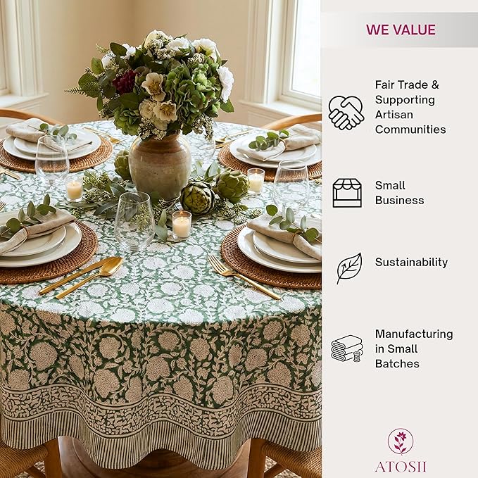 ATOSII Shalimar Green 100% Cotton Round Boho Fall Tablecloth, Handblock Floral Table Cloth Linen for Kitchen Dining I Parties Wedding Outdoors Christmas Thanksgiving I Fall Home Decor 90" Inches Round