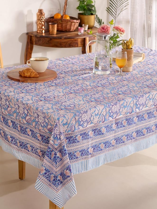 Hand Block Printed Table Cover - Exquisite Design, Premium Cotton Fabric, Perfect for Dining and Decor, Dining Table Linen (Flamingo Bloom Gray, 6 Seater 60 x 90 Inches Rectangle)