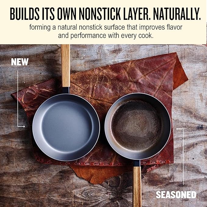 Alva Forest 11" Carbon Steel Frying Pan – Naturally Nonstick, Pre-Seasoned, with Acacia Wood Handle, Made Without PTFE, PFOA, PFAS – Sustainable Belgian Design, Induction & All-Stovetop Safe
