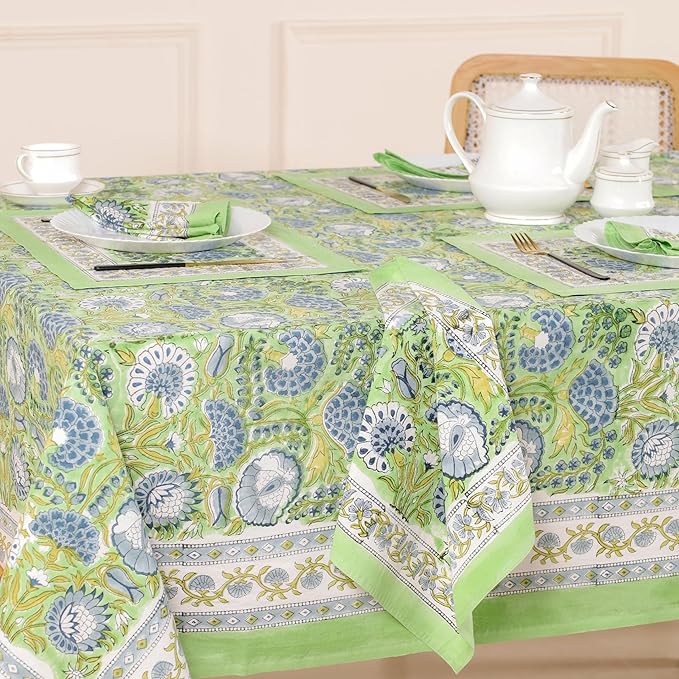 Hand Block Printed Table Cover - Exquisite Design, Premium Cotton Fabric, Perfect for Dining and Decor, Dining Table Linen(Asparagus Green,14 Seater 72 x 160 Inches Rectangle)