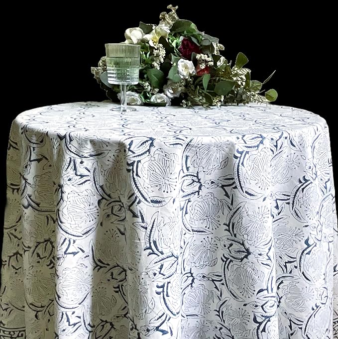 ATOSII Santorini 100% Cotton Round Boho Fall Tablecloth, Handblock Floral Table Cloth Linen for Kitchen Dining I Parties Wedding Outdoors Christmas Thanksgiving I 90" Inches Round I 6 Seater
