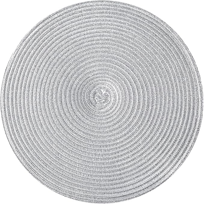 15inch 38CM Circle Dining Table Mats Round Braided Placemats Set Washable Beige Placemats Kitchen Table Coaster Decor(Sliver)