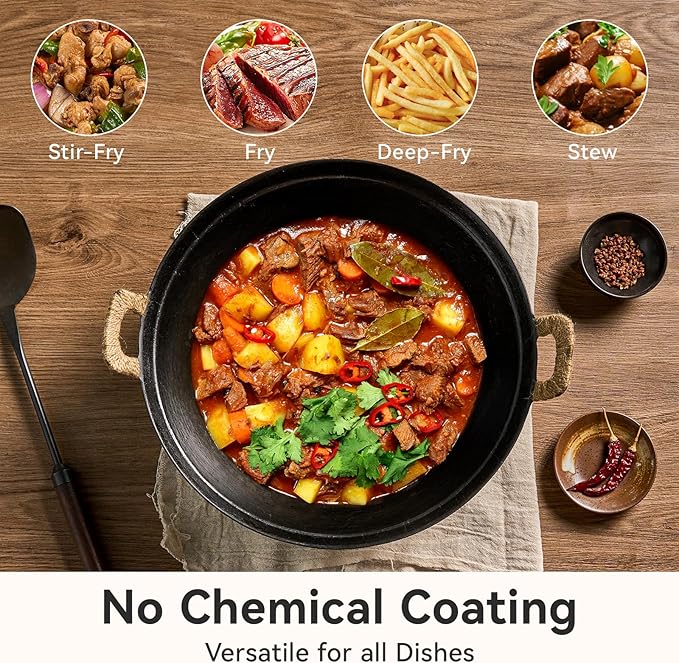 WANGYUANJI Cast Iron Wok Pan 14.9 inch Large SUGUO Wok Stir Fry Pan Flat Bottom with Dual Handle and Wooden Lid, Suitable for All Cooktops, Uncoated Chinese Traditional Wok