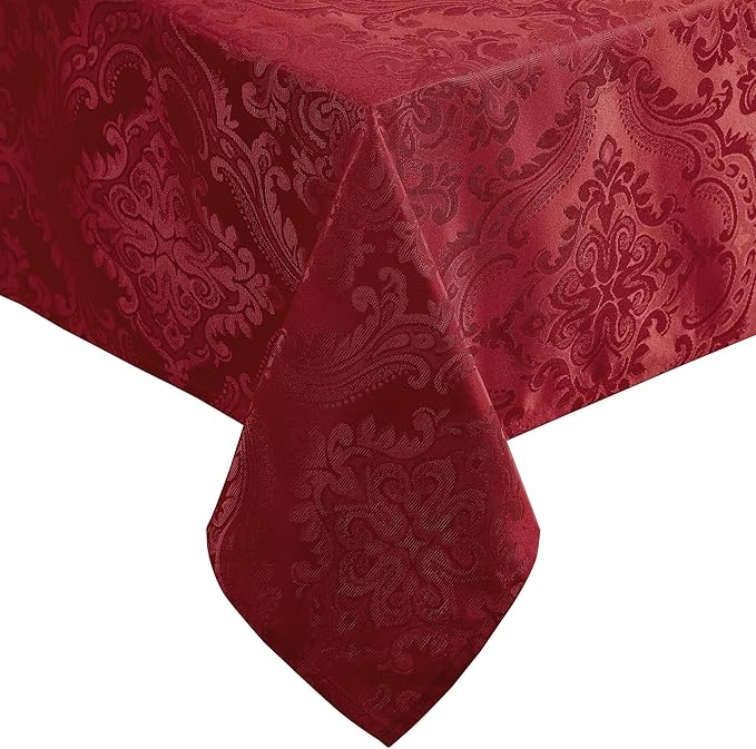 Elrene Home Fashions Caiden Elegance Damask Waterproof, Stain & Wrinkle Resistant Fabric Tablecloth, 52" x 52" Square, Red