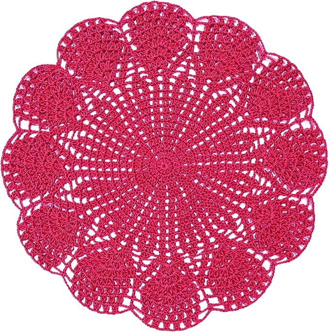 BIBITIME Round Flower Lace Doilies Vase Mats Kitchen Tablecloth Dish Plate Mat Handmade Crochet Table Doily Placemats (Rose Red, 11.8 in to 13.8 in,1PC)