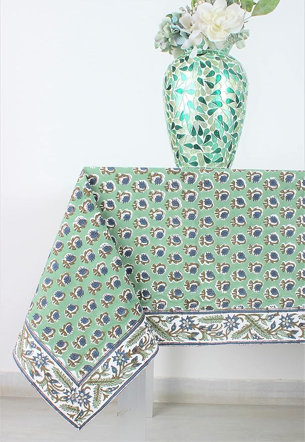 Ridhi Hand Block Print Basil Green Rectangle Cotton Tablecloth 120" x 80" Reusable Table Cover Decorative Everyday Use for Dining, Farmhouse, Home Gift for Spring, Easter, Valentine
