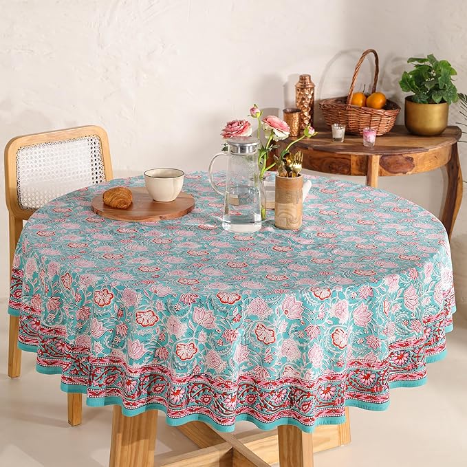 Hand Block Printed Table Cover - Exquisite Design, Premium Cotton Fabric, Perfect for Dining and Decor, Dining Table Linen (Green Delight, 6 Seater 72 Inches Round)