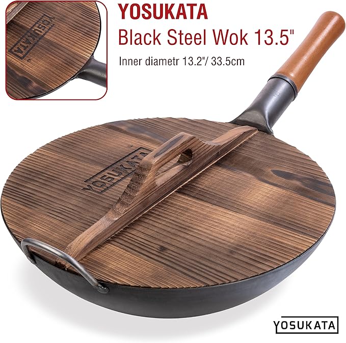 YOSUKATA Carbon Steel Wok Pan 13,5“ with Premium Wok Cover 13,5 inch Pan Lid