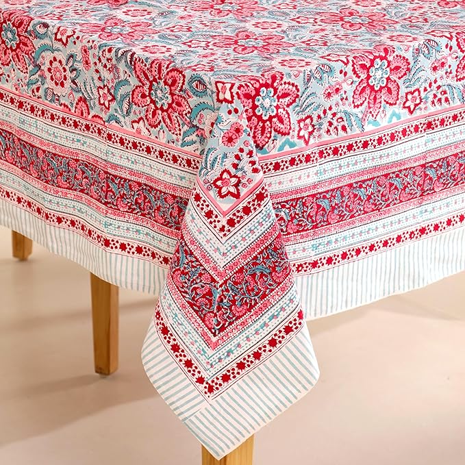 Hand Block Printed Table Cover - Exquisite Design, Premium Cotton Fabric, Perfect for Dining and Decor, Dining Table Linen (Scarlet Garden Grace, 12 Seater 72 x 135 Inches Rectangle)