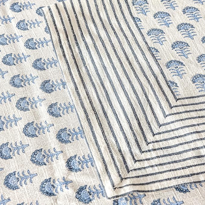 Over&Back Hand-Screened Tablecloth - Dining Table Cover - Each Tablecloth is Unique - 100% Cotton - Machine Washable - Kitchen and Home Decor - Blue Flower - 70x90