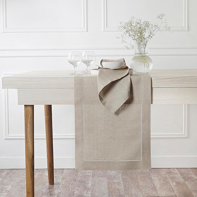 D'Moksha Homes Linen Natural Table Runner 48 Inches - Classic Hemstitch, 100% Pure Linen Coffee Table Runner 14 x 48 Inch Ideal for Dresser Tables, Valentines, Spring, Easter