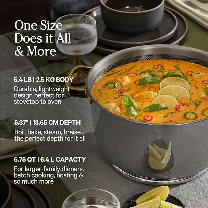 Our Place Titanium Perfect Pot Pro | 6.75 Qt Stock Pot with Lid & Silicone Spoon | PFAS-Free Nonstick, Fully-Clad Tri-Ply Stainless Steel & Aluminum | Induction & Oven-Safe up to 750°F | Gold