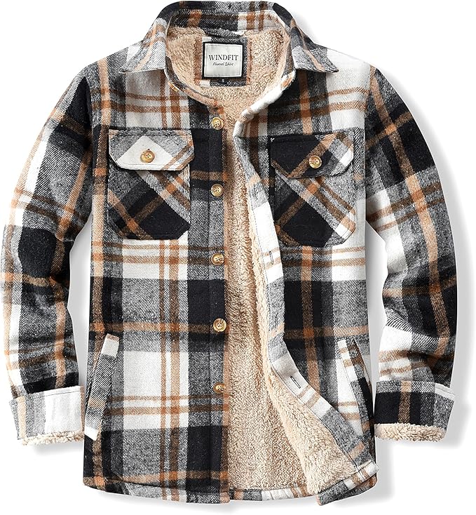 Men's Cotton Sherpa Lined Button Down Flannel Shirt Jacket Plaid Soft Outdoor Flannel Jacket Shirt