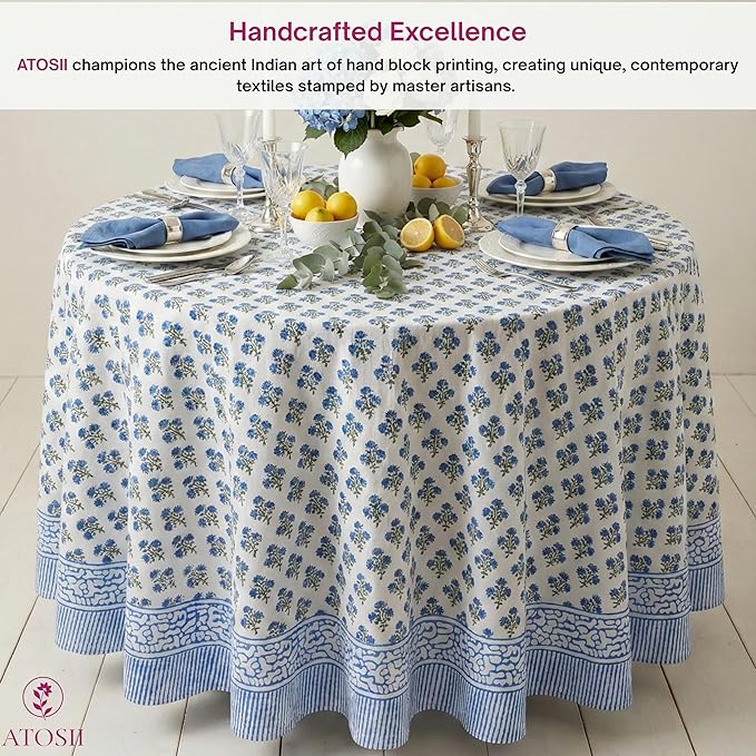 ATOSII Gulbahar Blue 100% Cotton Fall Round Tablecloth, Handblock Print Floral Table Cloth for Kitchen Dining Linen I Thanksgiving, Christmas, Weddings, Outdoors, Parties I 90" Inches Diameter