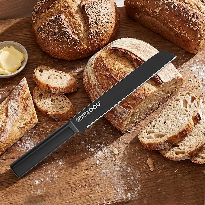 OOU® Black Blade 8 Inch Bread Knife with AgShield™ & Cerablack™ Technology, Rust-Resistant & Easy-Clean Finish, Serrated Edge for Sourdough, Bagels & Cake