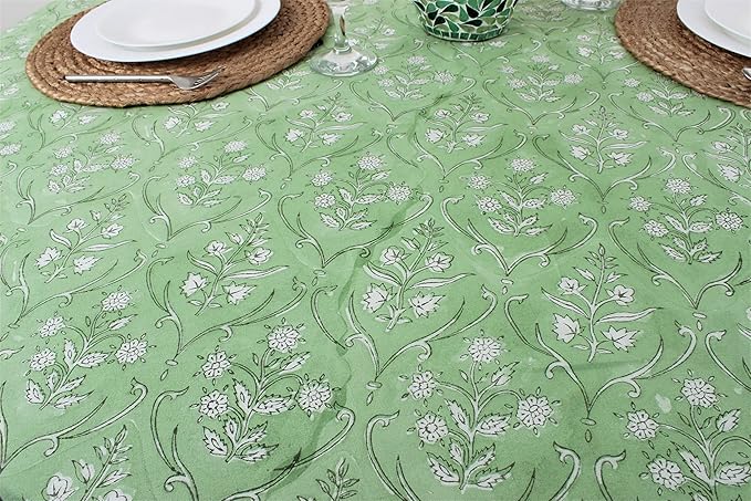 Ridhi Block Print Round Pear Green Reusable Tablecloth 100% Cotton 110" Inch Decorative Table Cover eveyday Dining, Home, Party, Wedding, Farmhouse Gift for Spring, Easter, Valentine