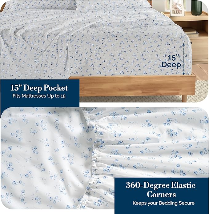 Casa Platino Queen Bed Sheets Set – 100% Cotton Sheets Queen with 4 Pillowcases, Ultra Soft & Breathable Cool Fabric, Tailored Fit with 15" Deep Pockets, Great Everyday Sheets – Floralis