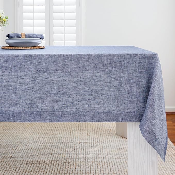 Solino Home Linen Tablecloth 60 x 108 Inch - 100% Pure Linen Chambray Indigo Table Cloth for Rectangle Tables - Athena, Machine Washable Tablecloth for Spring, Easter