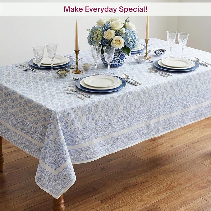 ATOSII Amalfi 100% Cotton Boho Rectangle Fall Tablecloth, Handblock Print Table Cloth for Kitchen I Dining Table Linen Fall Décor I Parties Wedding Outdoor Christmas Thanksgiving I Fall 60 X 90 Inches