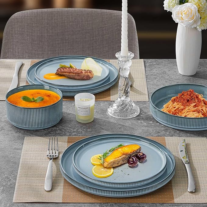 LIANYU Dinnerware Plates and Bowls Dishes Set, 8 Piece Elegant Stoneware Sets with Pasta Bowls for 2, Modern Ribbed Ceramic Dining Ware for Restaurant Wedding, Dishwasher Safe, Slate Blue