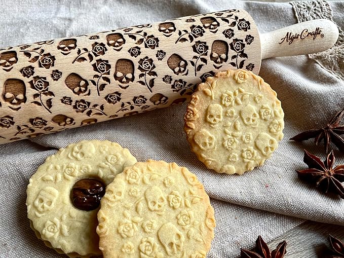 SUGAR SKULL and ROSES Embossed Rolling Pin for Halloween cookies. Laser Engraved Dough Roller for Embossing Homemade Cookies by Algis Crafts