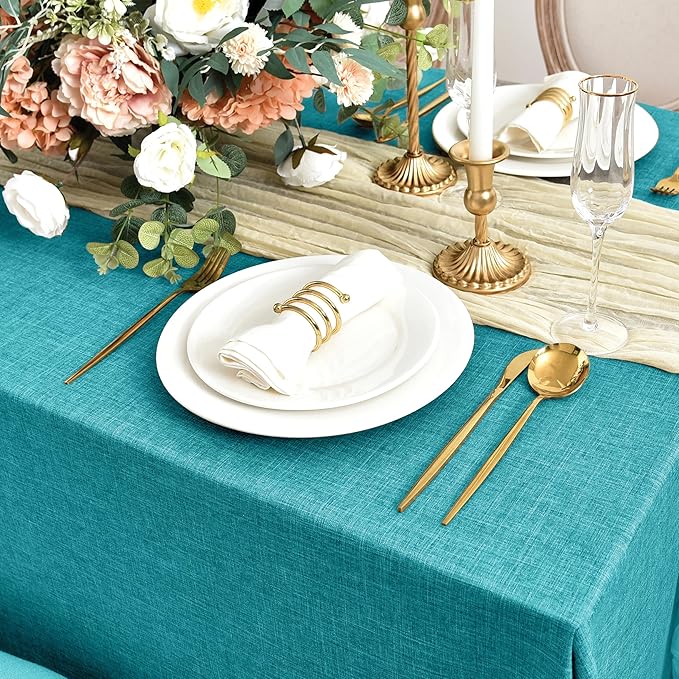 Fitable Faux Linen Tablecloths for Rectangle Tables: Water & Stain Resistant Farmhouse Table Cloth, Washable Burlap Textured Table Covers for Kitchen Dining Party(2 Pack, 52x70 Inch, Teal)