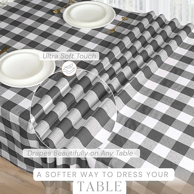 Buffalo Plaid Check 52"x70" Tablecloth 100% Cotton Washable Rustic Rectangle Table Cover Decorative for Gifts, Dining, BBQ, Buffet Parties & Camping - Grey