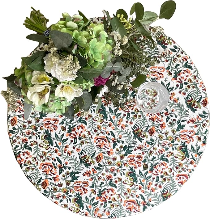 ATOSII Ambrosia Green 100% Cotton Round Tablecloth, Handblock Print Floral Table Cloth for Kitchen Dining Linen I Weddings, Outdoors, Thanksgiving, Christmas I Fall Home Decor I 72" Inches Round