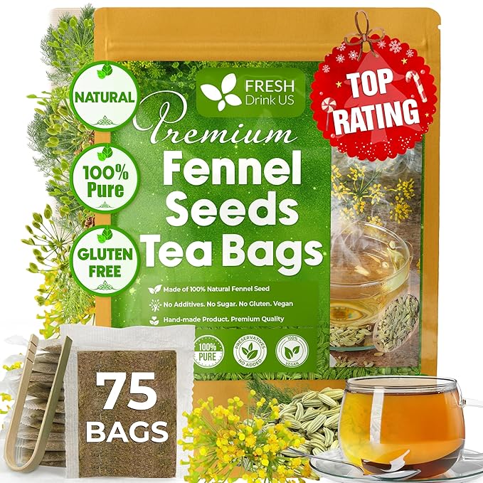 FreshDrinkUS, Premium 75 Fennel Seed Tea Bags – 100% Natural & Pure, Handmade Herbal Tea, Eco-Friendly, Fresh Aroma, Made with Natural Material Tea Bags. No Sugar, No Caffeine, No Gluten, Vegan.