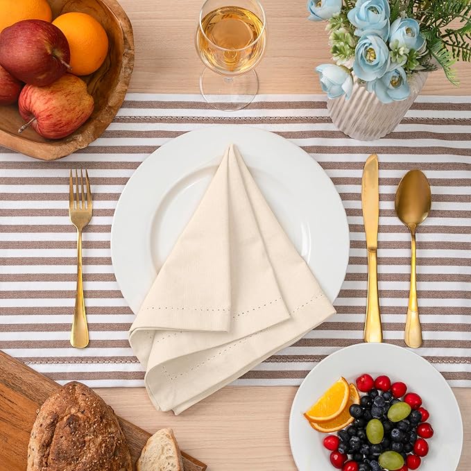 Blue Needles Set of 12 Hemstitch Linen Napkins 100% Cotton Cream Cloth Dinner Napkins 18x18 inches, Soft, Reusable, Absorbent, Washable, Ideal for Wedding Events, Parties & Everyday Use