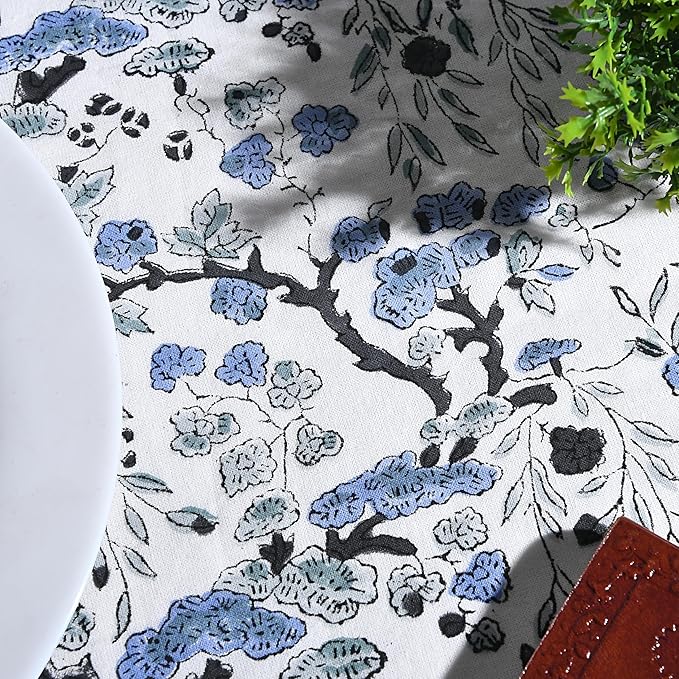 Ridhi Block Print Round Spruce Carolina Blue Reusable Tablecloth 100% Cotton 110" Inch Decorative Table Cover eveyday Dining, Home, Party, Wedding, Farmhouse Gift for Spring, Easter, Valentine